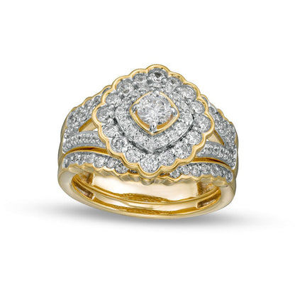 1.25 CT. T.W. Natural Diamond Double Tilted Frame Scallop Edge Three Piece Bridal Engagement Ring Set in Solid 10K Yellow Gold