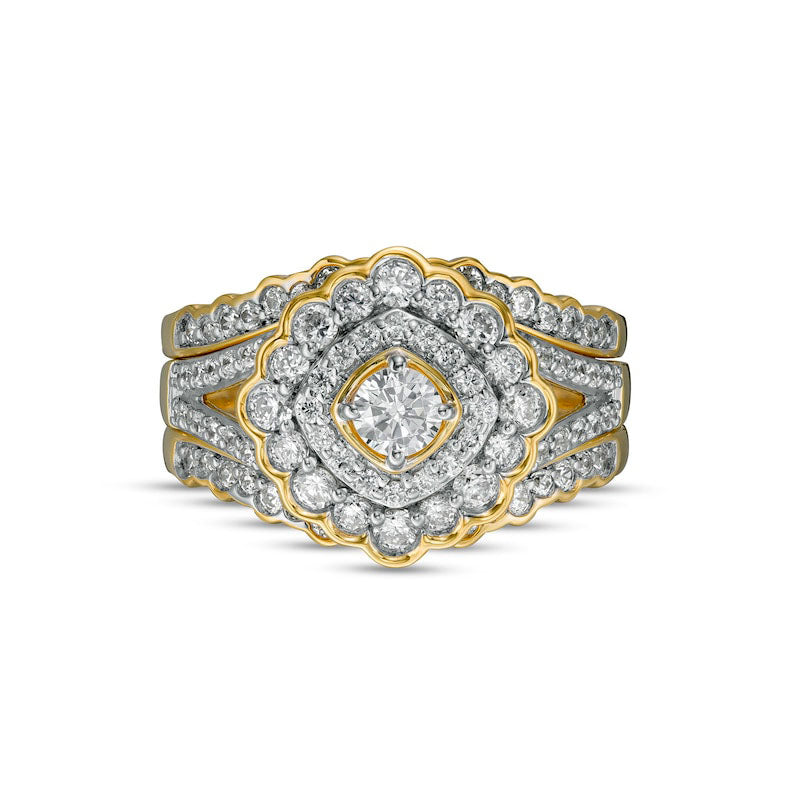 1.25 CT. T.W. Natural Diamond Double Tilted Frame Scallop Edge Three Piece Bridal Engagement Ring Set in Solid 10K Yellow Gold
