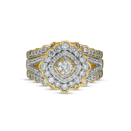 1.25 CT. T.W. Natural Diamond Double Tilted Frame Scallop Edge Three Piece Bridal Engagement Ring Set in Solid 10K Yellow Gold