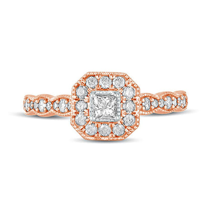 0.50 CT. T.W. Princess-Cut Natural Diamond Octagonal Frame Antique Vintage-Style Engagement Ring in Solid 10K Rose Gold