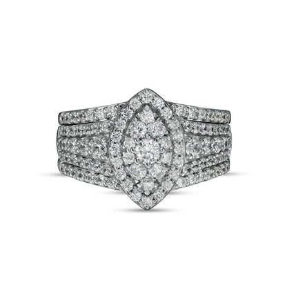 1.38 CT. T.W. Composite Marquise-Shaped Natural Diamond Frame Three Piece Bridal Engagement Ring Set in Solid 10K White Gold