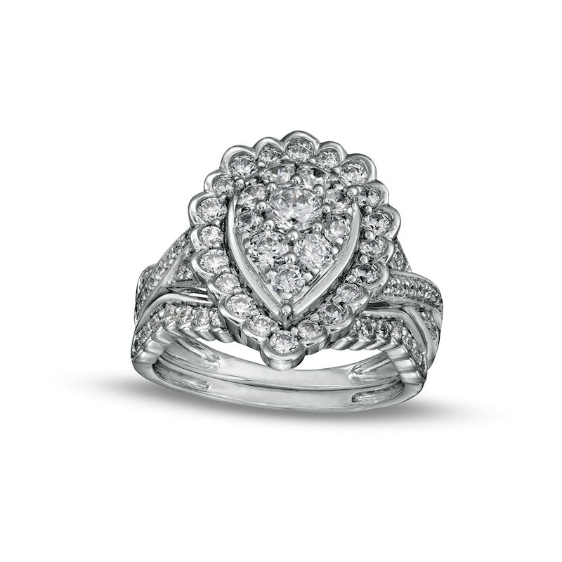 1.38 CT. T.W. Composite Pear-Shaped Natural Diamond Frame Scallop Edge Bridal Engagement Ring Set in Solid 10K White Gold