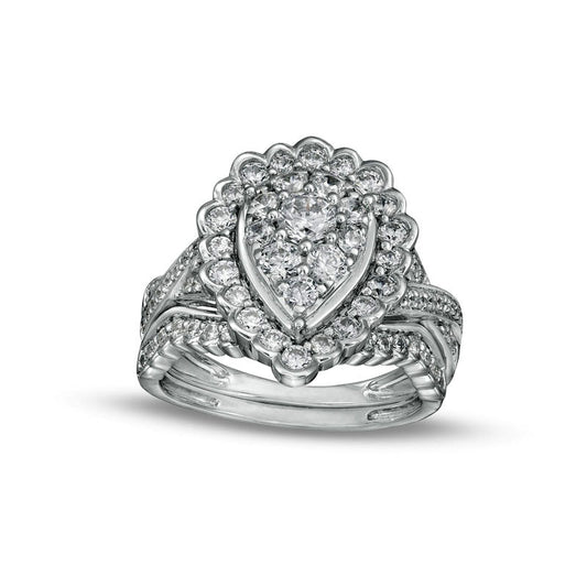 1.38 CT. T.W. Composite Pear-Shaped Natural Diamond Frame Scallop Edge Bridal Engagement Ring Set in Solid 10K White Gold
