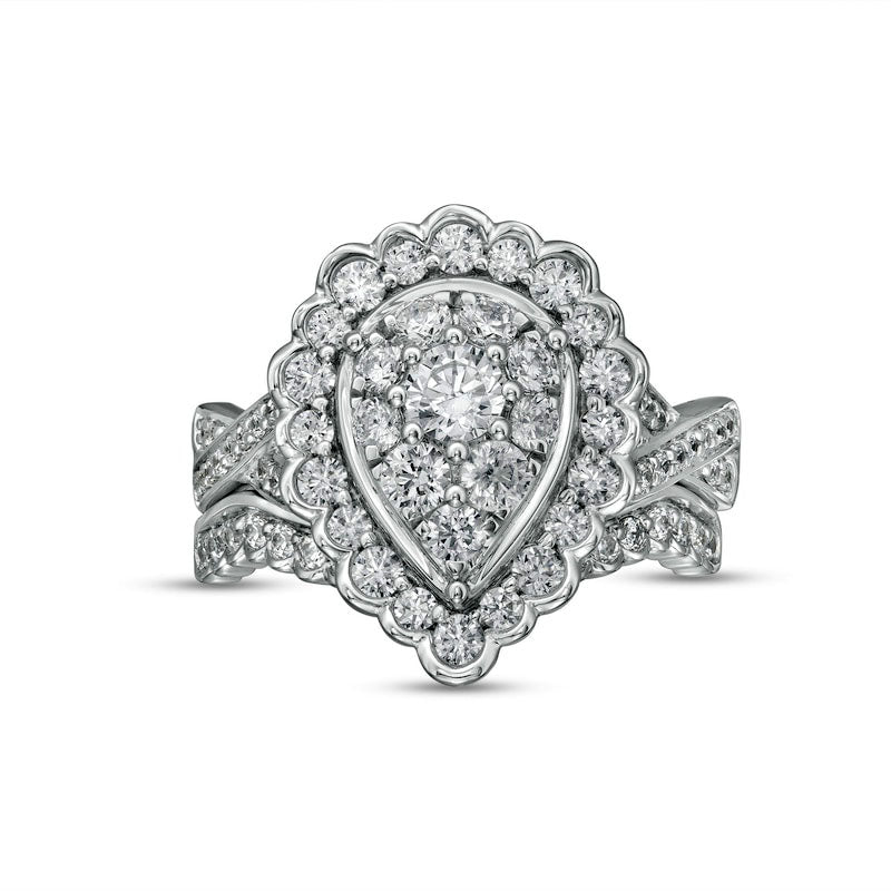 1.38 CT. T.W. Composite Pear-Shaped Natural Diamond Frame Scallop Edge Bridal Engagement Ring Set in Solid 10K White Gold