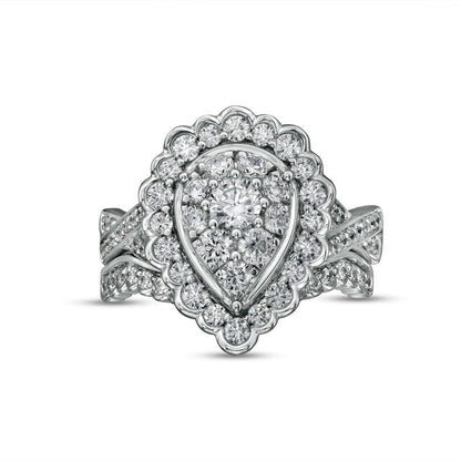 1.38 CT. T.W. Composite Pear-Shaped Natural Diamond Frame Scallop Edge Bridal Engagement Ring Set in Solid 10K White Gold