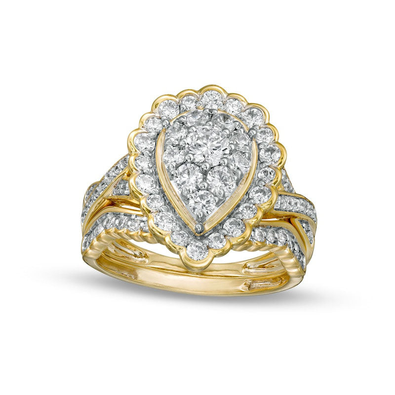 1.38 CT. T.W. Composite Pear-Shaped Natural Diamond Frame Scallop Edge Bridal Engagement Ring Set in Solid 10K Yellow Gold