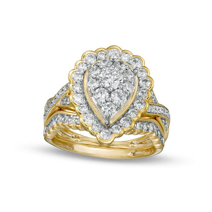 1.38 CT. T.W. Composite Pear-Shaped Natural Diamond Frame Scallop Edge Bridal Engagement Ring Set in Solid 10K Yellow Gold