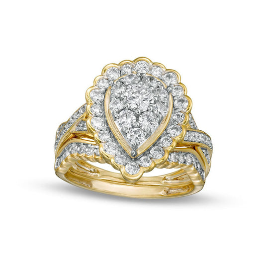 1.38 CT. T.W. Composite Pear-Shaped Natural Diamond Frame Scallop Edge Bridal Engagement Ring Set in Solid 10K Yellow Gold
