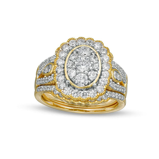1.63 CT. T.W. Composite Natural Diamond Frame Scallop Edge Three Piece Bridal Engagement Ring Set in Solid 10K Yellow Gold