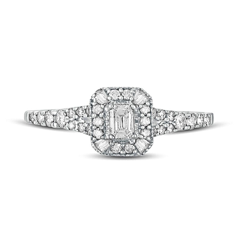 0.50 CT. T.W. Emerald-Cut Natural Diamond Frame Antique Vintage-Style Engagement Ring in Solid 10K White Gold