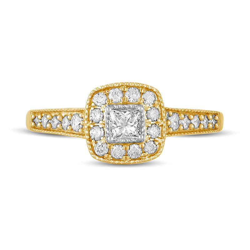 0.50 CT. T.W. Princess-Cut Natural Diamond Cushion-Shaped Frame Antique Vintage-Style Engagement Ring in Solid 10K Yellow Gold