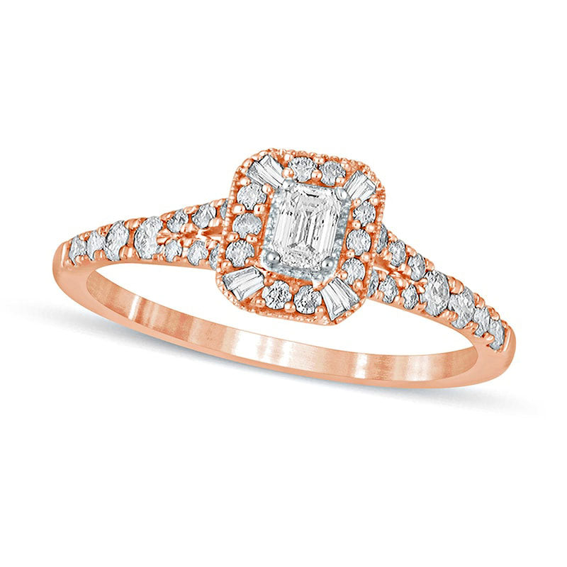 0.50 CT. T.W. Emerald-Cut Natural Diamond Frame Antique Vintage-Style Engagement Ring in Solid 10K Rose Gold