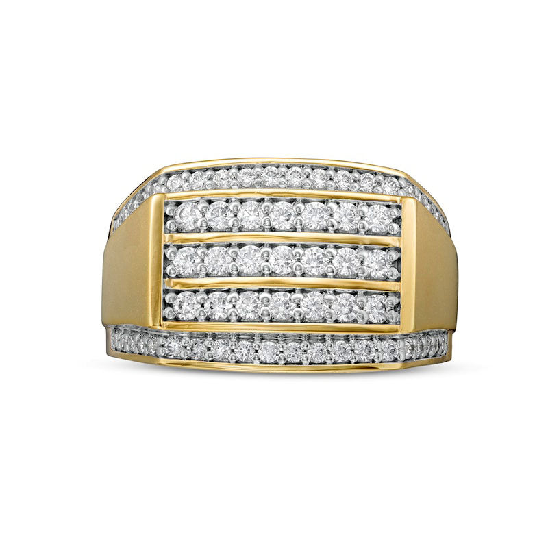 Men's 1.25 CT. T.W. Natural Diamond Triple Row Rectangle-Top Border Ring in Solid 10K Yellow Gold