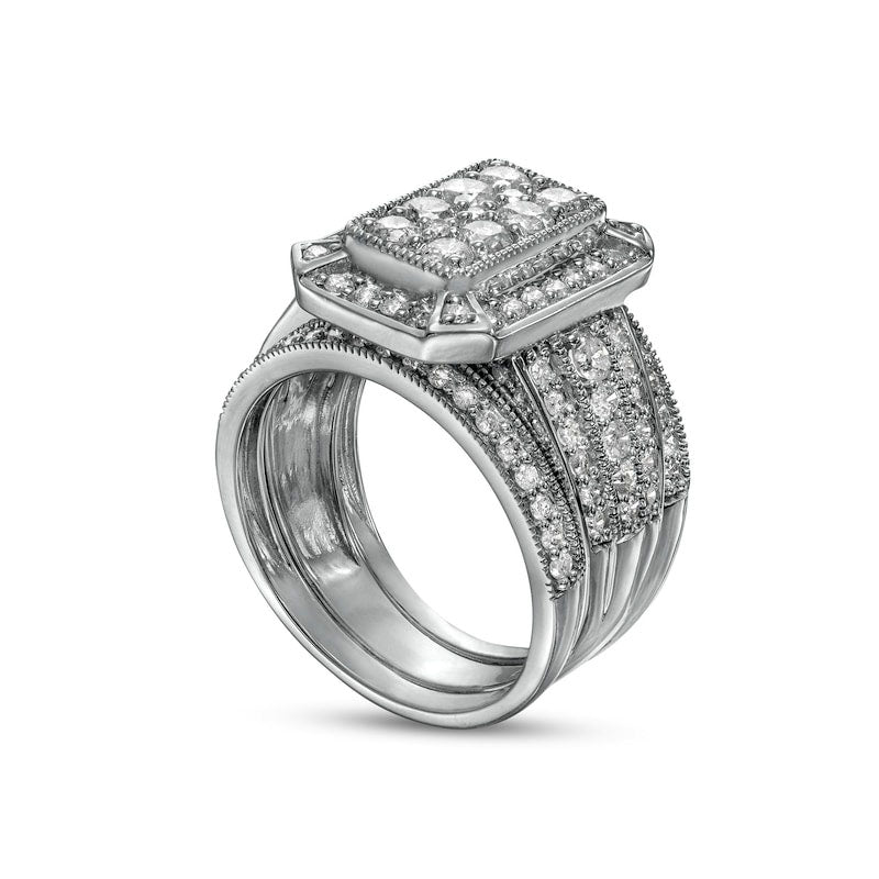 1.75 CT. T.W. Composite Natural Diamond Octagonal Frame Antique Vintage-Style Three Piece Bridal Engagement Ring Set in Solid 10K White Gold