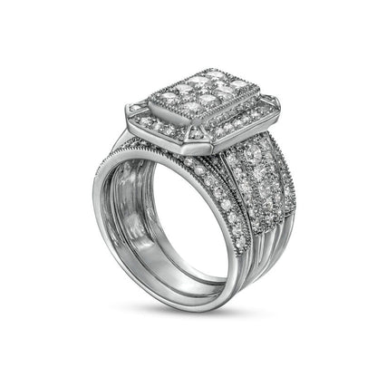 1.75 CT. T.W. Composite Natural Diamond Octagonal Frame Antique Vintage-Style Three Piece Bridal Engagement Ring Set in Solid 10K White Gold