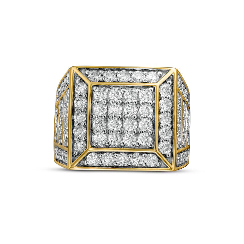 Men's 3.0 CT. T.W. Square Composite Natural Diamond Pyramid Frame Horizontal Triple Frame Border Shank Ring in Solid 10K Yellow Gold