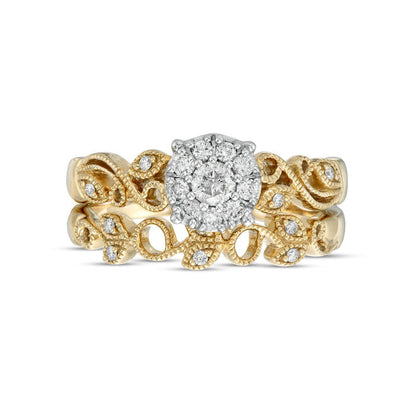 0.33 CT. T.W. Natural Diamond Frame Antique Vintage-Style Vine Bridal Engagement Ring Set in Solid 10K Yellow Gold