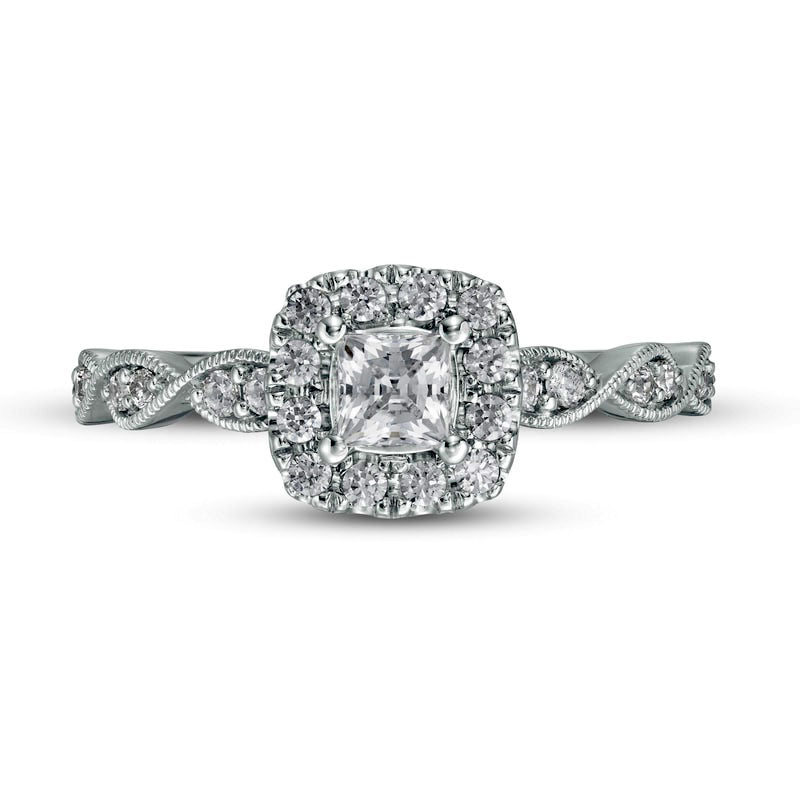 0.63 CT. T.W. Princess-Cut Natural Diamond Cushion Frame Antique Vintage-Style Engagement Ring in Solid 14K White Gold (I/I2)