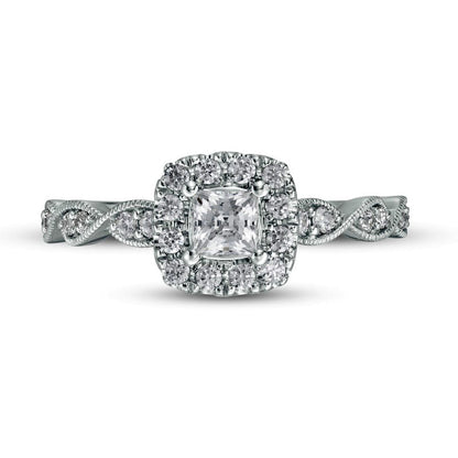 0.63 CT. T.W. Princess-Cut Natural Diamond Cushion Frame Antique Vintage-Style Engagement Ring in Solid 14K White Gold (I/I2)