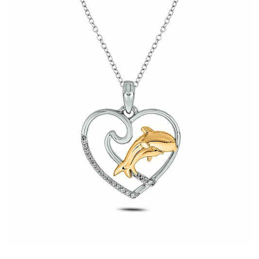 0.05 CT. T.W. Natural Diamond Dolphins in Heart Pendant in Sterling Silver with 14K Gold Plate