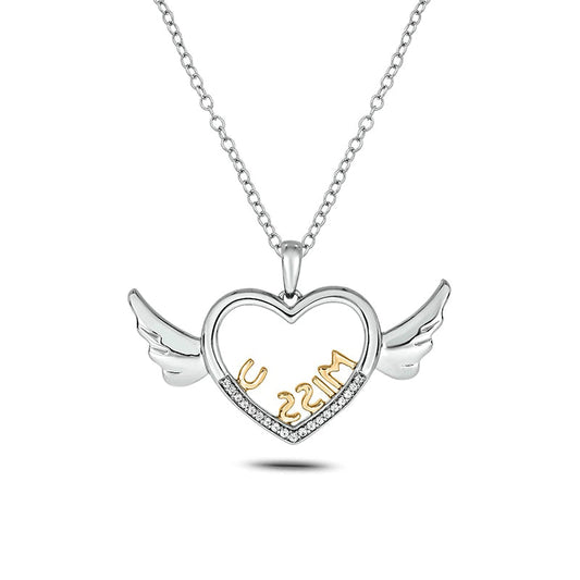 0.05 CT. T.W. Natural Diamond Miss U" Winged Heart Pendant in Sterling Silver with 14K Gold Plate"