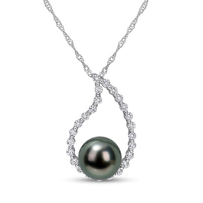 8.0-8.5mm Black Cultured Tahitian Pearl and White Sapphire Teardrop Pendant in 10K White Gold