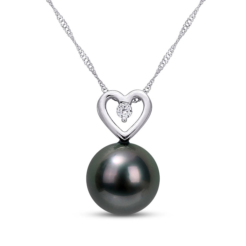 9.5-10.0mm Black Cultured Tahitian Pearl and 0.05 CT. T.W. Natural Diamond Heart Pendant in 10K White Gold
