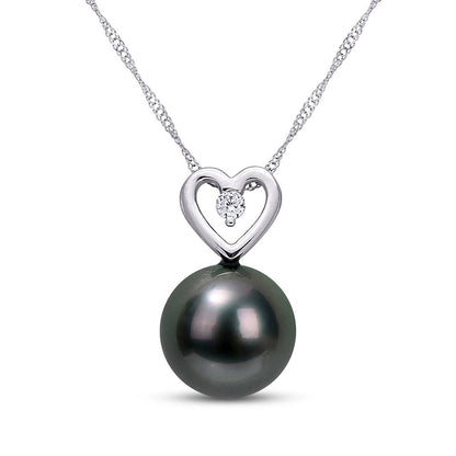 9.5-10.0mm Black Cultured Tahitian Pearl and 0.05 CT. T.W. Natural Diamond Heart Pendant in 10K White Gold