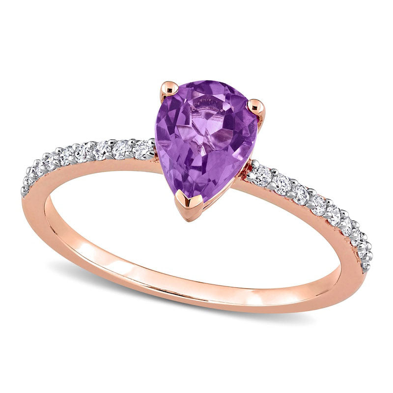 Pear-Shaped Amethyst and 0.13 CT. T.W. Natural Diamond Ring in Solid 14K Rose Gold