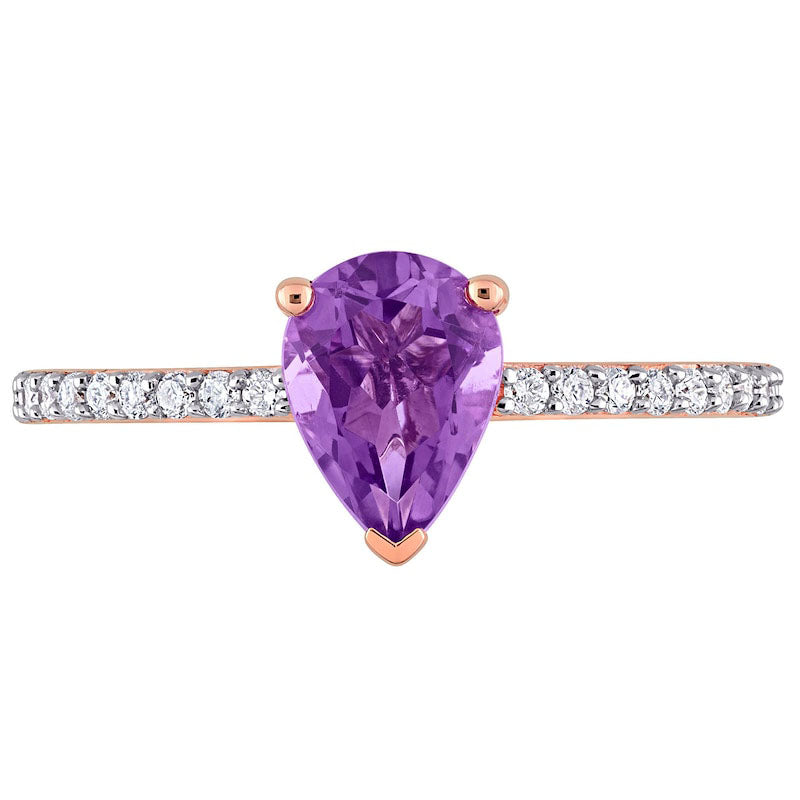 Pear-Shaped Amethyst and 0.13 CT. T.W. Natural Diamond Ring in Solid 14K Rose Gold