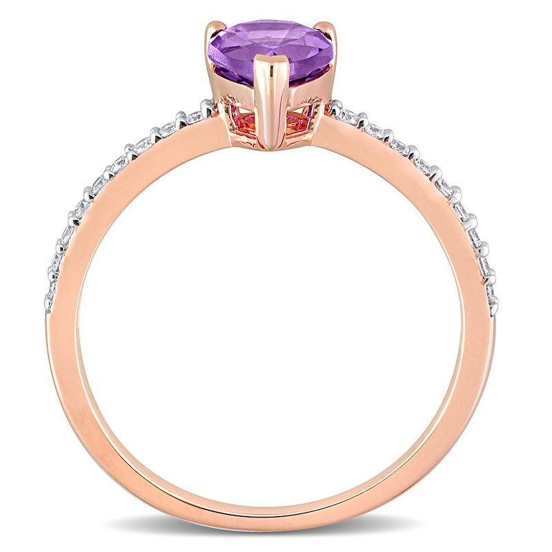 Pear-Shaped Amethyst and 0.13 CT. T.W. Natural Diamond Ring in Solid 14K Rose Gold