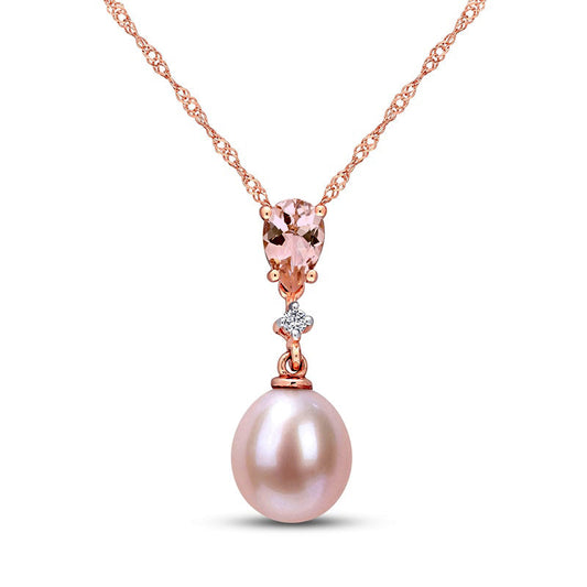 9.0-9.5mm Pink Oval Cultured Freshwater Pearl, Morganite and Natural Diamond Accent Drop Pendant in 10K Rose Gold