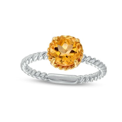 7.0mm Citrine Solitaire Rope-Textured Frame and Shank Ring in Sterling Silver and Solid 10K Yellow Gold