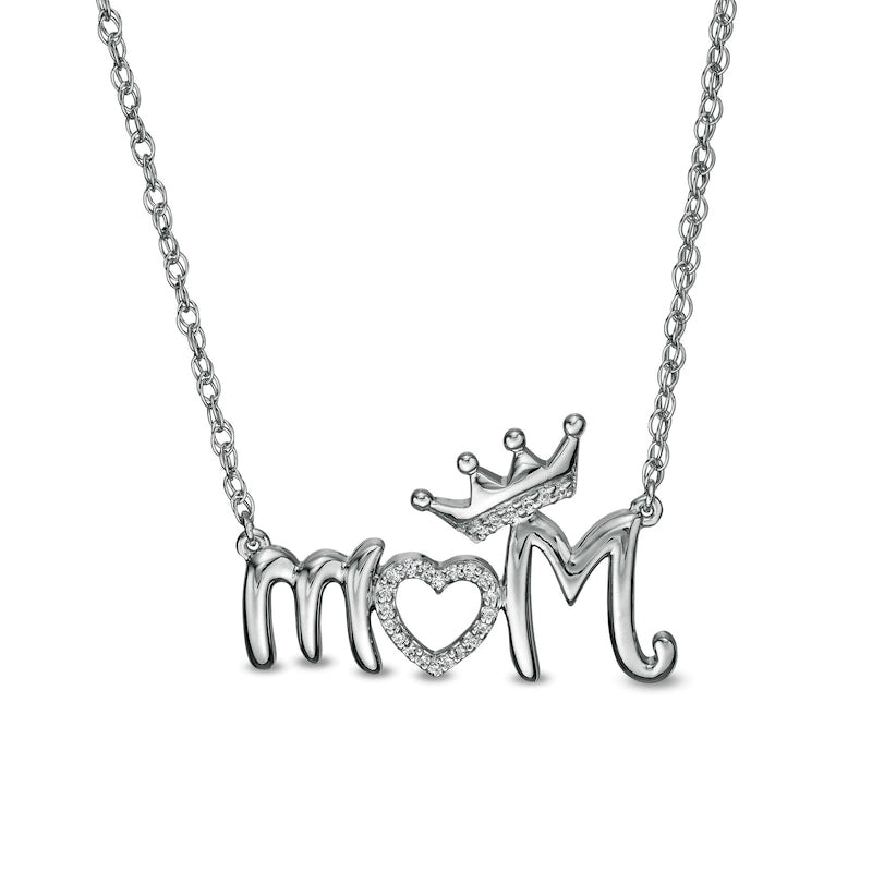 0.05 CT. T.W. Natural Diamond Crowned Mom" with Heart Necklace in Sterling Silver"