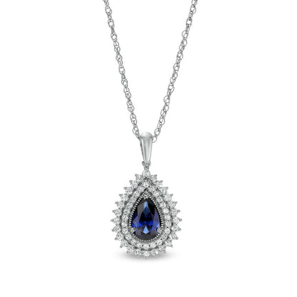 Pear-Shaped Blue and White Lab-Created Sapphire Teardrop Frame Pendant in Sterling Silver