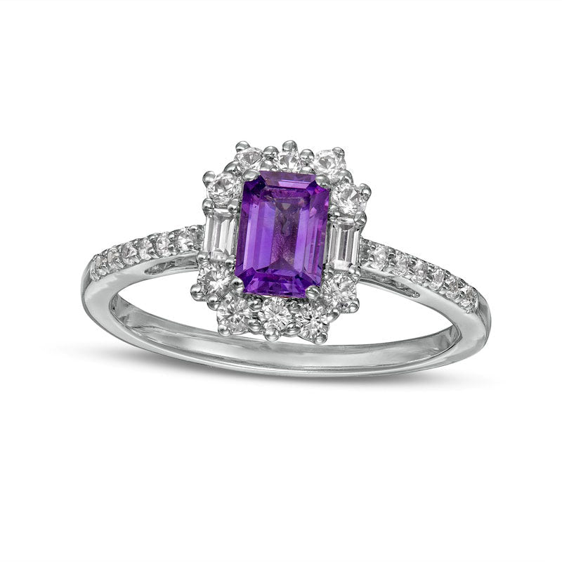 Emerald-Cut Amethyst and White Lab-Created Sapphire Ornate Frame Ring in Sterling Silver