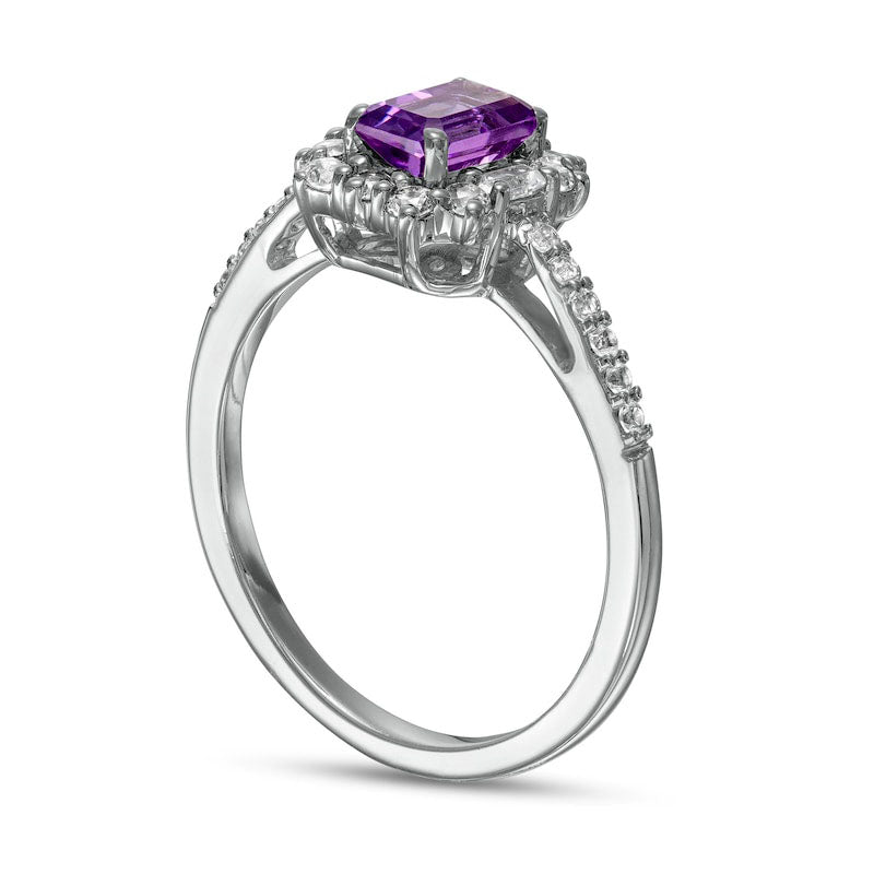 Emerald-Cut Amethyst and White Lab-Created Sapphire Ornate Frame Ring in Sterling Silver