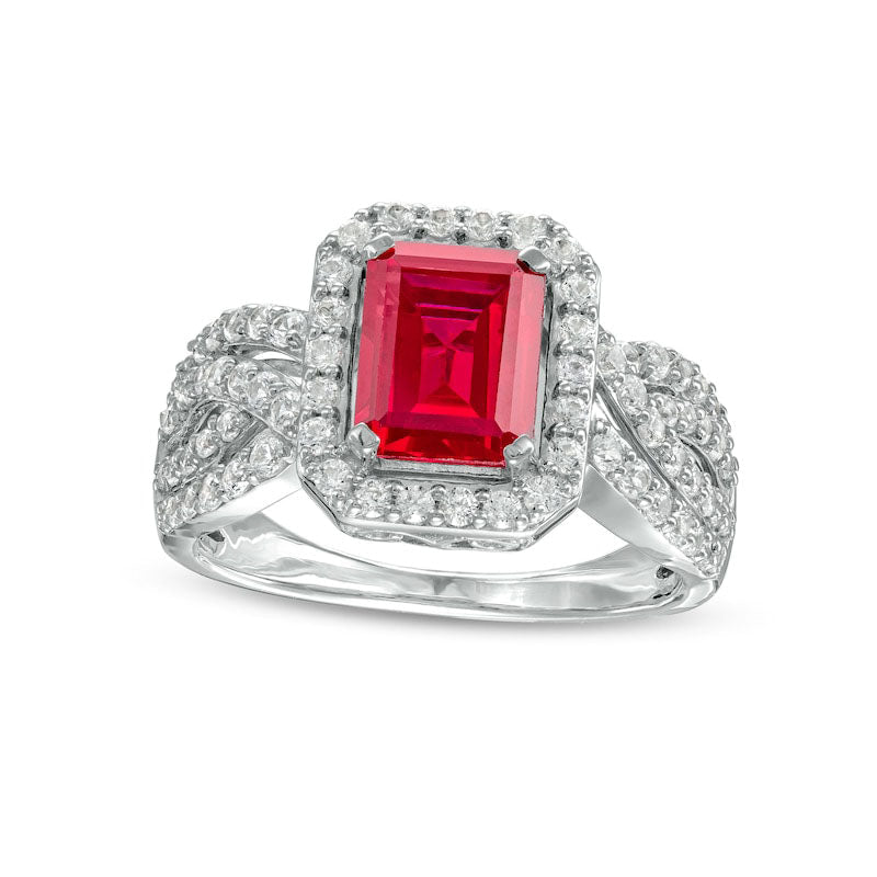 Emerald-Cut Lab-Created Ruby and White Sapphire Frame Multi-Row Shank Ring in Sterling Silver