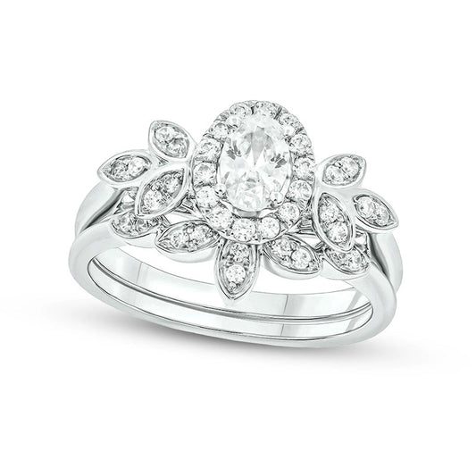 0.75 CT. T.W. Oval Natural Diamond Frame Tri-Sides Leaf Bridal Engagement Ring Set in Solid 14K White Gold (I/I2)