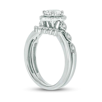 0.75 CT. T.W. Oval Natural Diamond Frame Antique Vintage-Style Bridal Engagement Ring Set in Solid 14K White Gold (I/I2)