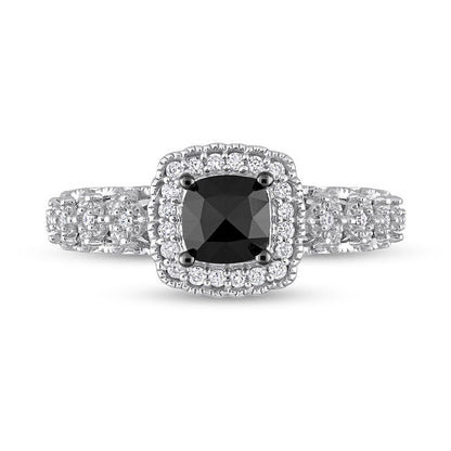 1.13 CT. T.W. Cushion-Cut Black Enhanced and White Natural Diamond Frame Antique Vintage-Style Engagement Ring in Solid 14K White Gold
