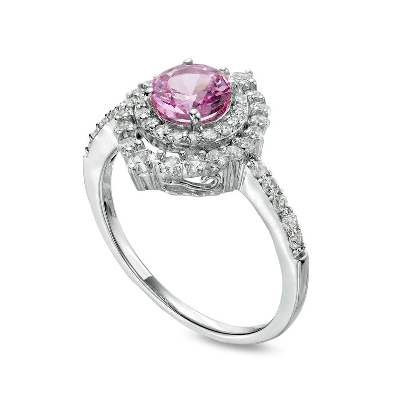 6.0mm Pink and White Lab-Created Sapphire Double Crown Frame Ring in Sterling Silver