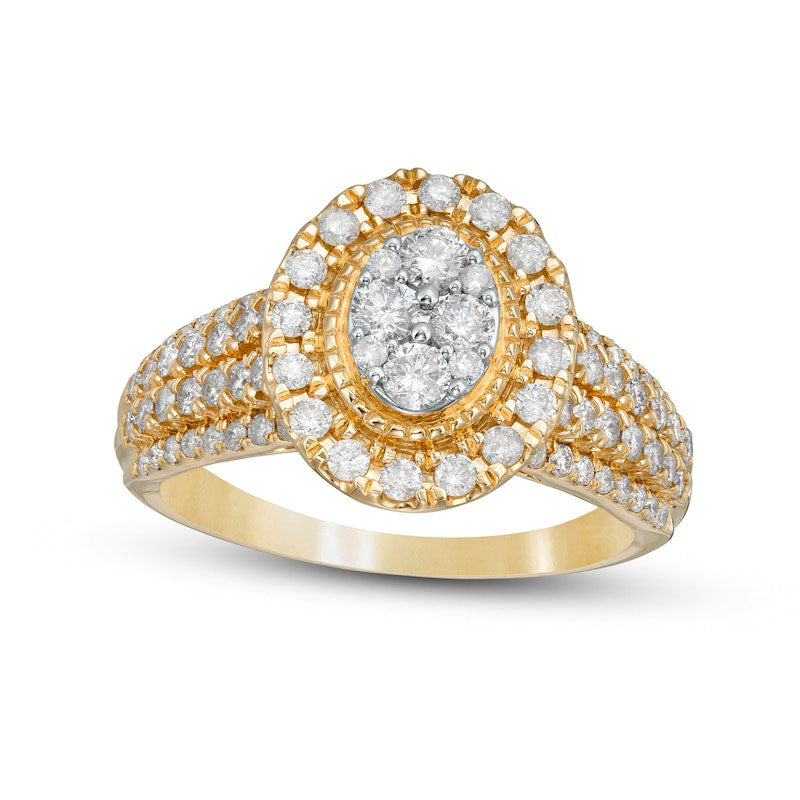 1.0 CT. T.W. Composite Oval Natural Diamond Frame Multi-Row Engagement Ring in Solid 10K Yellow Gold