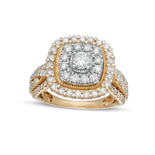 1.5 CT. T.W. Natural Diamond Double Cushion-Shaped Frame Twist Shank Engagement Ring in Solid 10K Yellow Gold