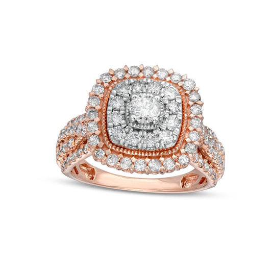 1.5 CT. T.W. Natural Diamond Double Cushion-Shaped Frame Twist Shank Engagement Ring in Solid 10K Rose Gold