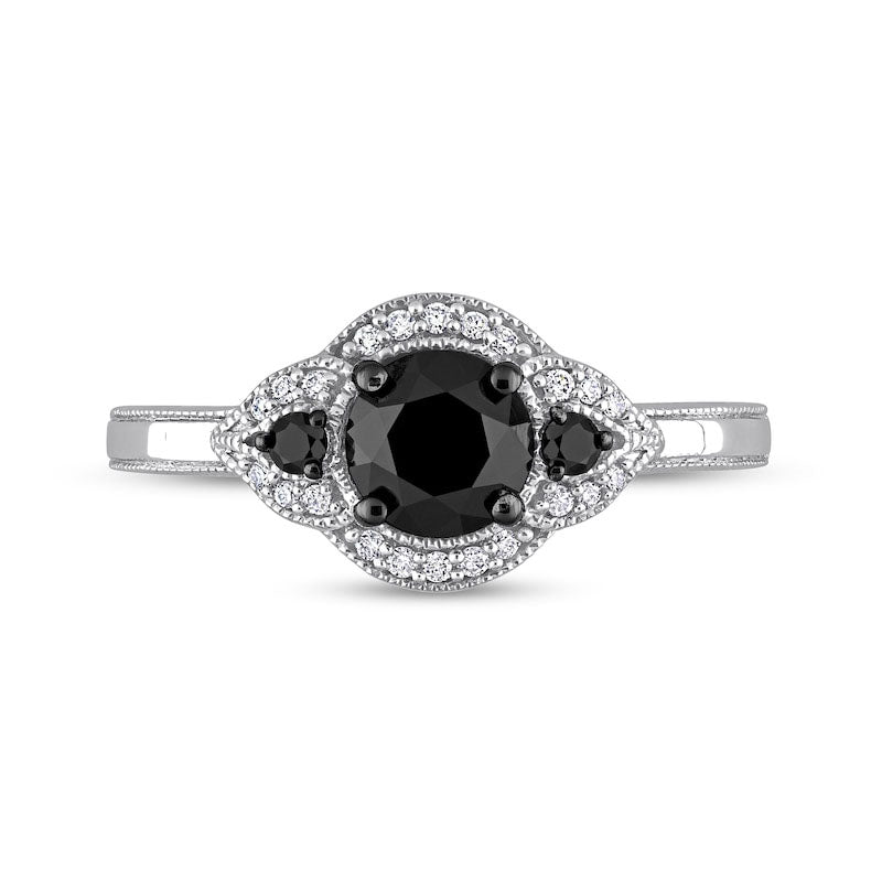 1.13 CT. T.W. Black Enhanced and White Natural Diamond Frame Three Stone Engagement Ring in Solid 14K White Gold