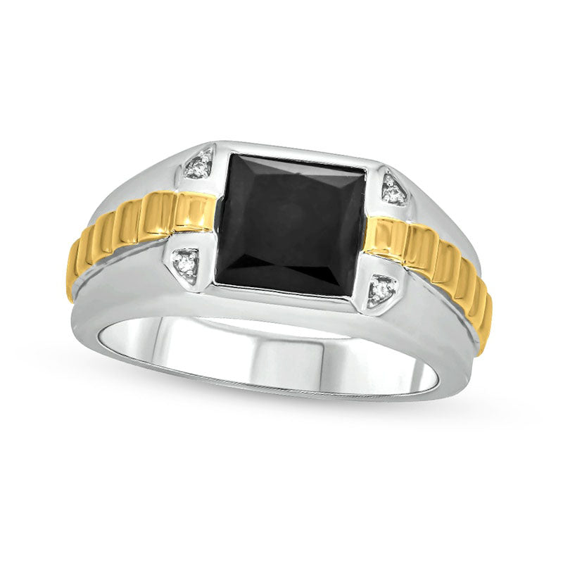 Men's 8.0mm Square Onyx and Natural Diamond Accent Ribbed Shank Ring in Sterling Silver and Solid 14K Gold Plate