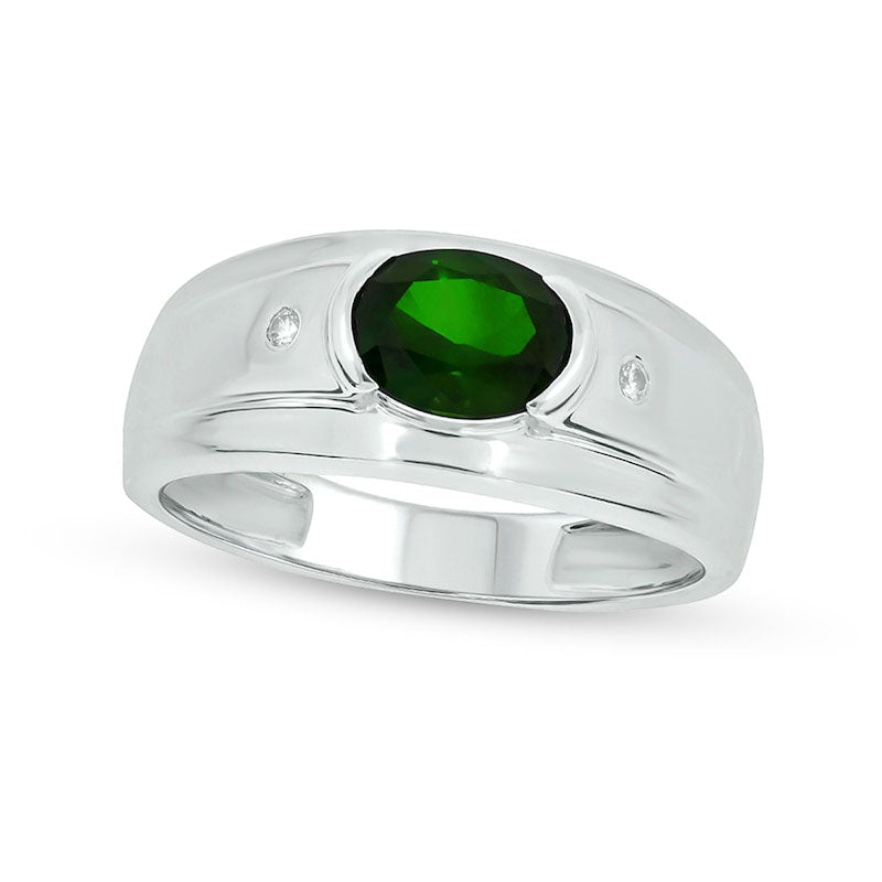 Men's Sideways Oval Lab-Created Emerald and Diamond Accent Bevelled Edge Ring in Sterling Silver