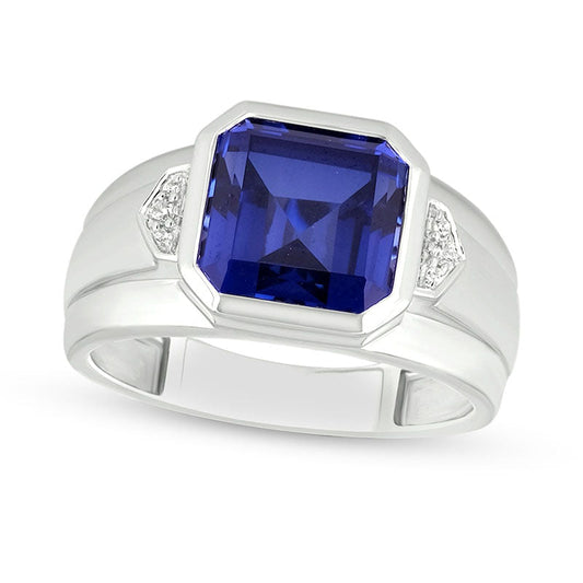 Men's 10.0mm Cushion-Cut Blue Lab-Created Sapphire and Diamond Accent Raised Collar Ring in Sterling Silver