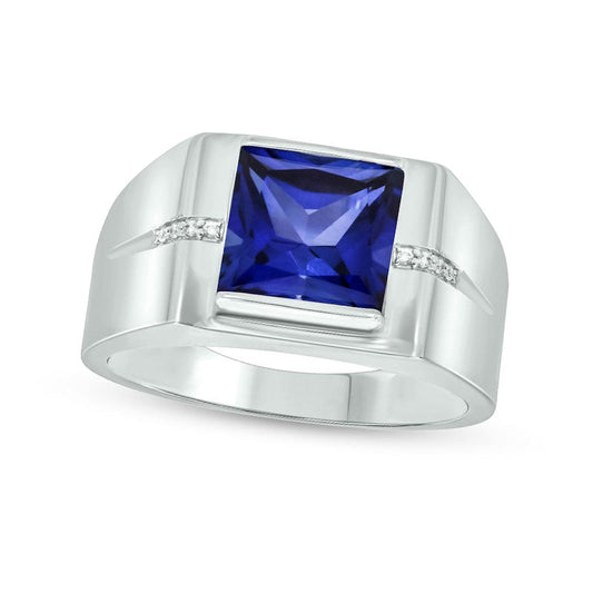 Men's 9.0mm Square-Cut Blue Lab-Created Sapphire and Diamond Accent Groove Shank Ring in Solid 10K White Gold